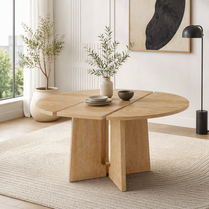 Extendable Solid Wood Round Dining Table, Natural