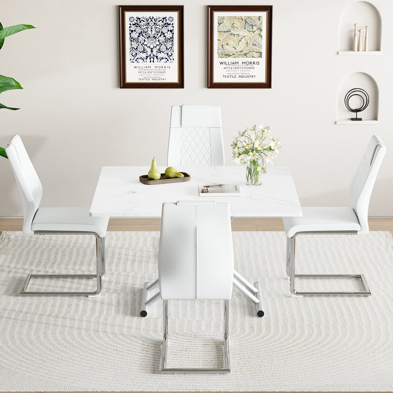 4-Person Dining Table Set,Folding Table With Metal Base,Dining Table With Chairs, White