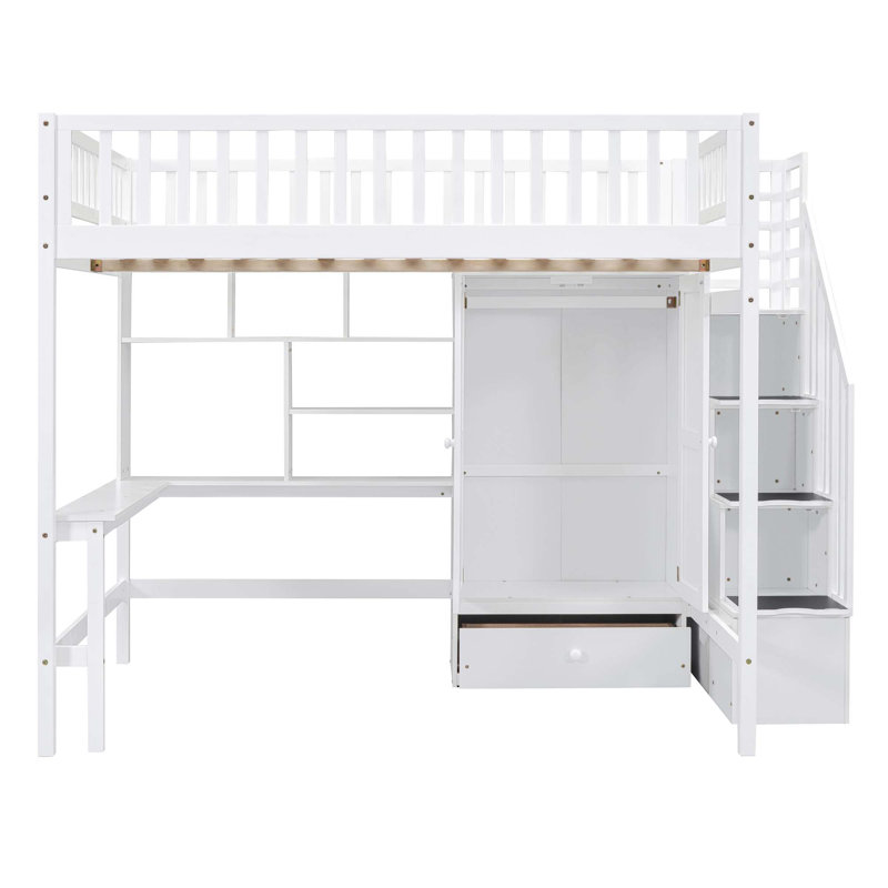 Lit mezzanine avec bibliothèque, tiroirs, bureau et garde-robe, Double / double, Blanc