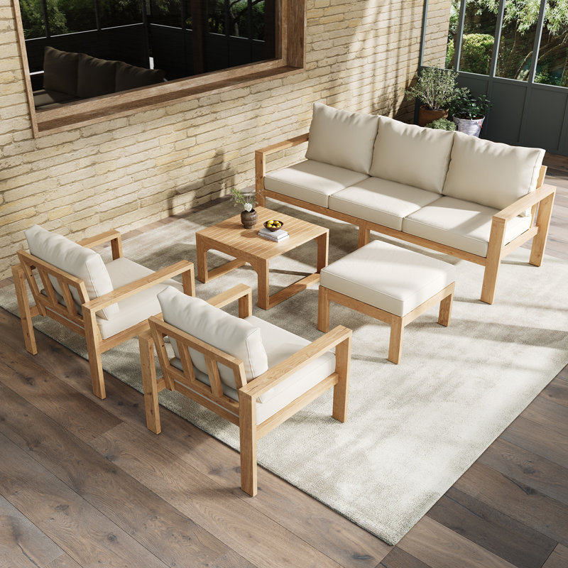Solid Acacia Wood 6-piece Outdoor Patio Set: Sofa, Chairs, Table & Ottoman For Garden