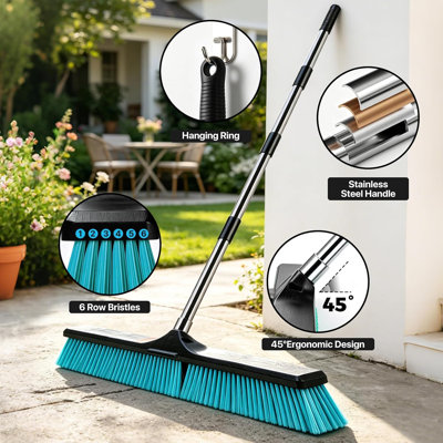 24" Heavy Duty Outdoor Push Broom, Blue, 55" Long Handle Stiff Bristles, Industrial Garden Brush for Driveway, Garage, Yard & Warehouse Floors