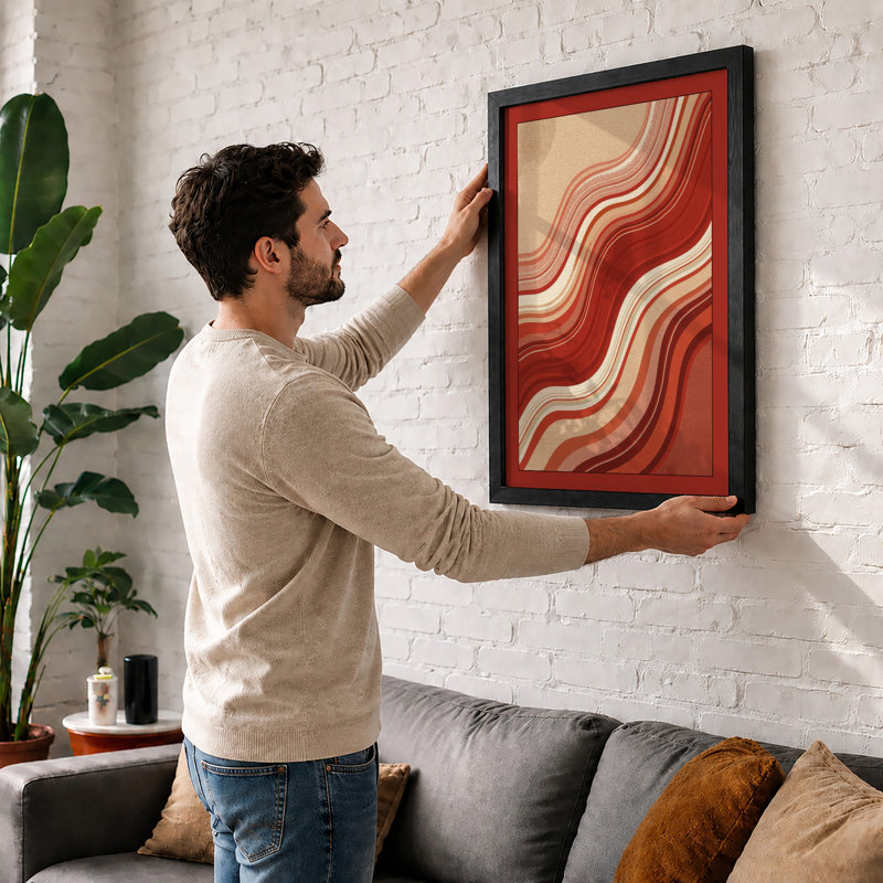 Flowing Terracotta Waves Geometric - Framed Print, A2 - 59.4 x 42.0 cm, Black