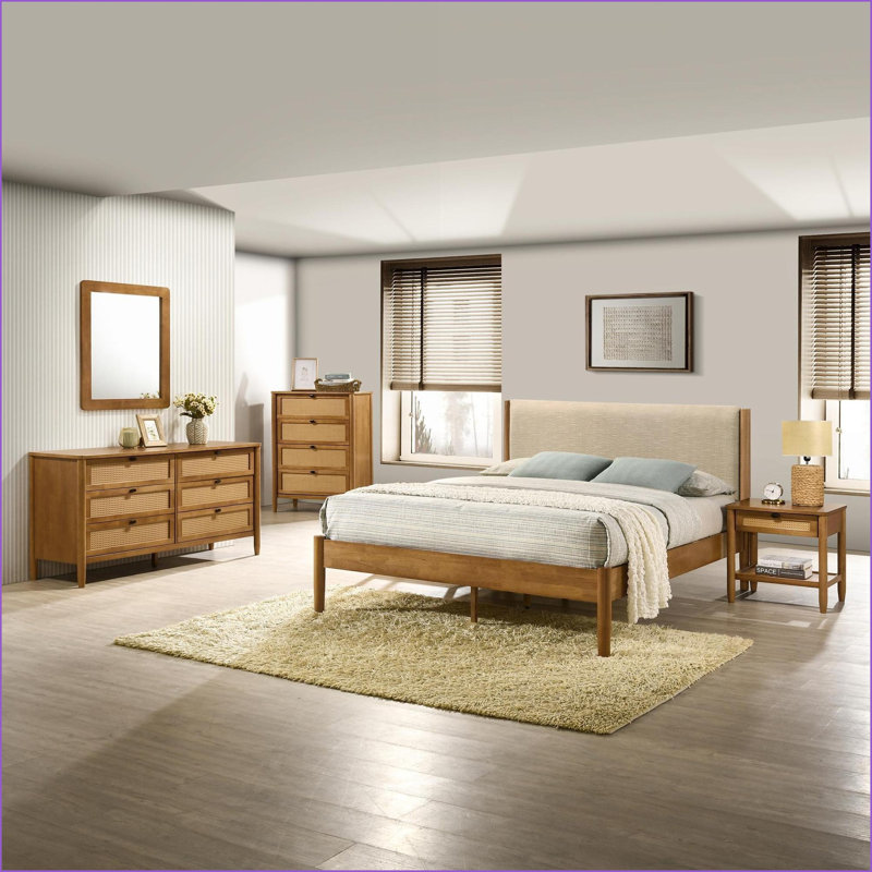 Ensemble de chambre à coucher: grand lit 5 pièces, commode, miroir, table de chevet, commode - bois d'hévéa brun noyer, polyester texturé | Polyester | Bois d'hévéa