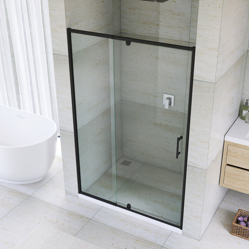 Porte de douche pivotante en aluminium avec système de fermeture magnétique 44-48 "x H 71" au fini noir mat, Noir mat