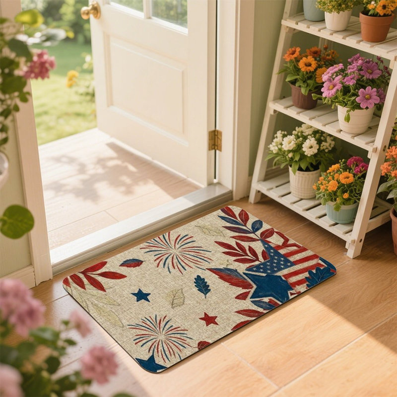 Patriotic Fireworks Stars Door Rug, Beige, 24" X 36", For Porch & Entryway