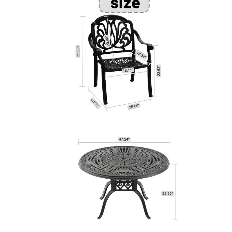 Patio en aluminium coulé noir avec coussins de salle à manger