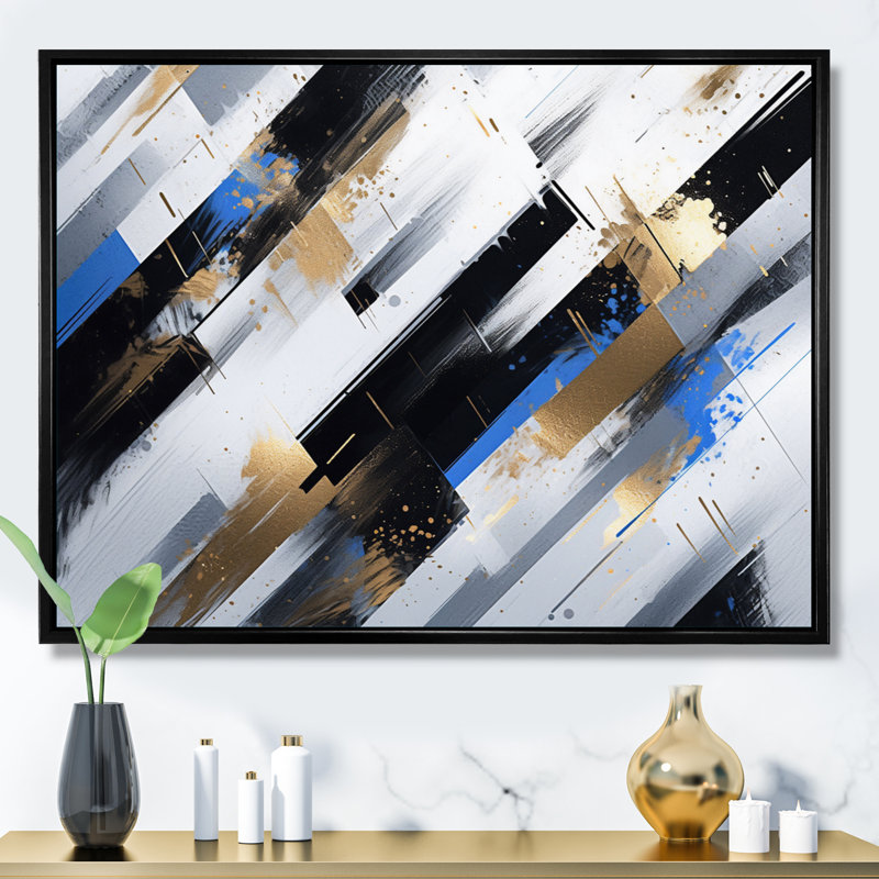 Rayures audacieuses bleues et dorées I, Cadre flottant noir, H 24 po x l 32 po x P 1 po