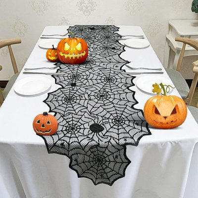 Black Lace Spider Web Halloween Table Runner, Reusable Gothic Table Décor for Halloween Parties, Dining Tables & Holiday Decorations