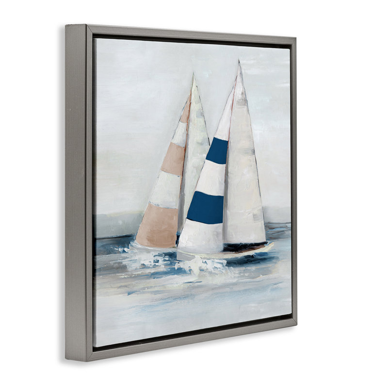Cadre flottant rayé duo de voiliers, design par Sally Swatland, H 18 po x l 18 po, Cadre flottant gris lustré