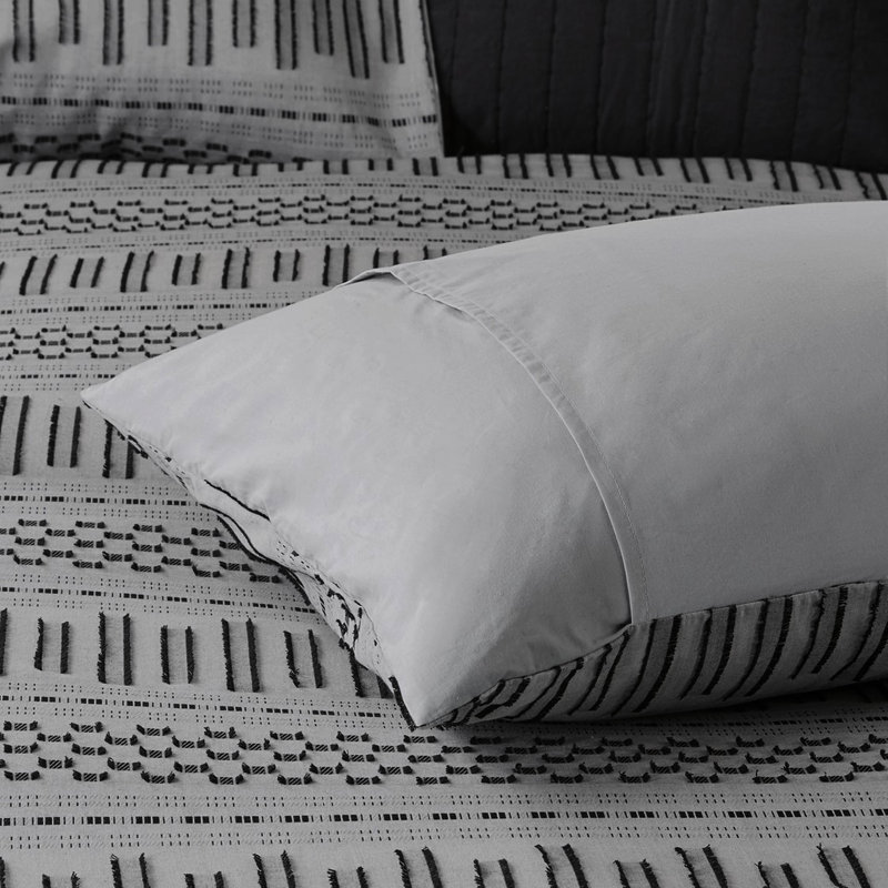 Édredon 100% coton très captivant gris / noir, Édredon pour très grand lit + 2 taies décorativ, Gris / Noir