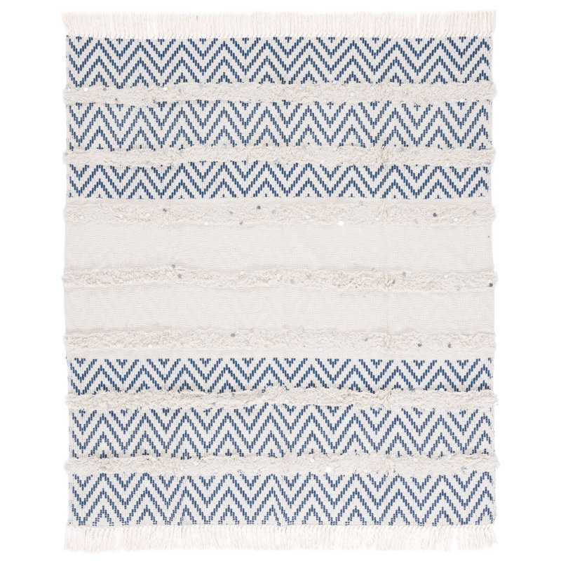 Theanna Blue Chevron Cotton Throw Blanket with Fringe