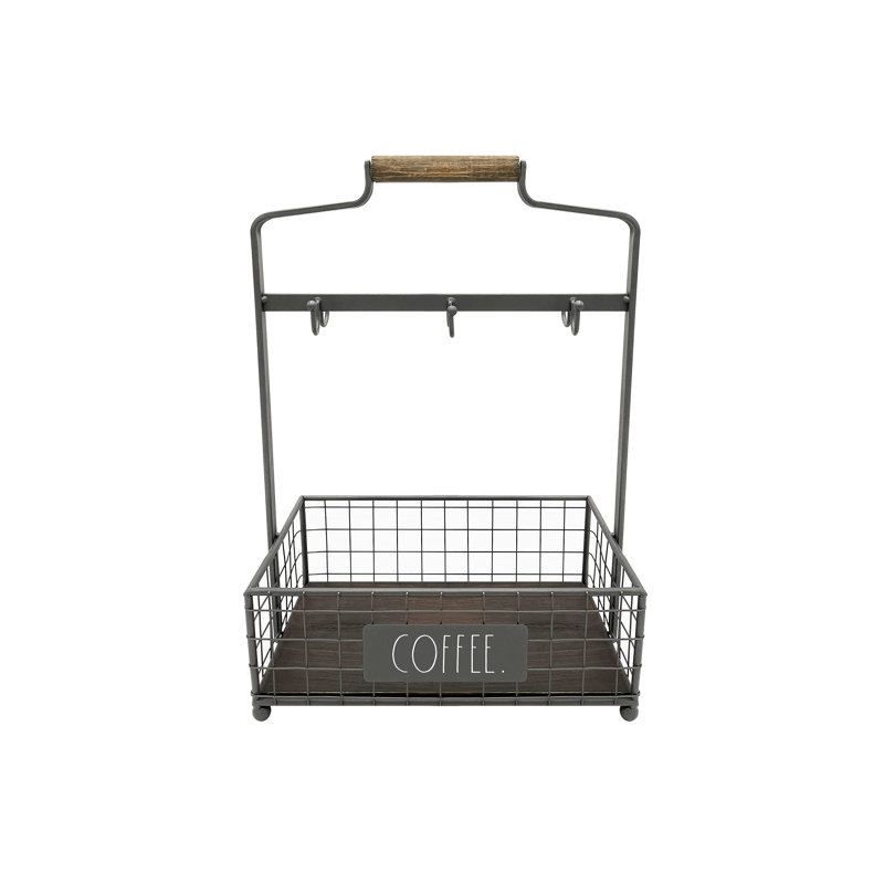 Coffee Mug Holder - 6 Hook Coffee Cup Rack With Rectangular Rustic Style Crockery Holder For Storage And Display - Mug Stand Organizer For Kitchen Counter Or Cafe Countertop - Coffee