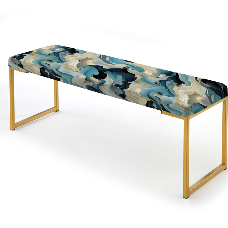 Banc recouvert de tissu doré doré à motif dissimulé doré et bleu, Beige et bleu doré dissimulé