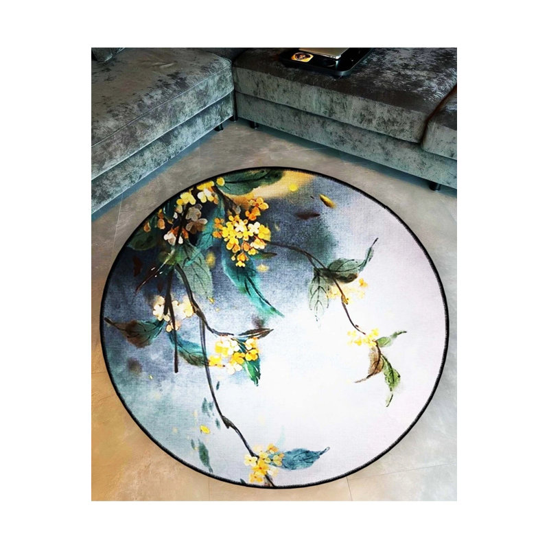 Gray Themed Flower Patterned Round Woven Base Modern Decorative Carpet, Round 4'