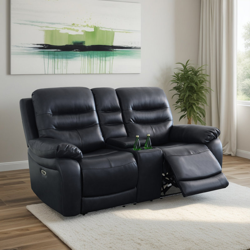 Causeuse inclinable à double alimentation avec console centrale, charge USB et éclairage DEL - Canapé en cuir noir respirant Smart pour deux