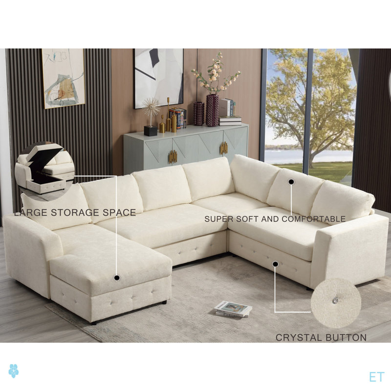 Canapé modulaire de 110,75 po, canapé modulaire surdimensionné, rangement pour chaise longue, canapé moderne en forme de U, canapés rembourrés, chenille, bouton en cristal, salon, appartement