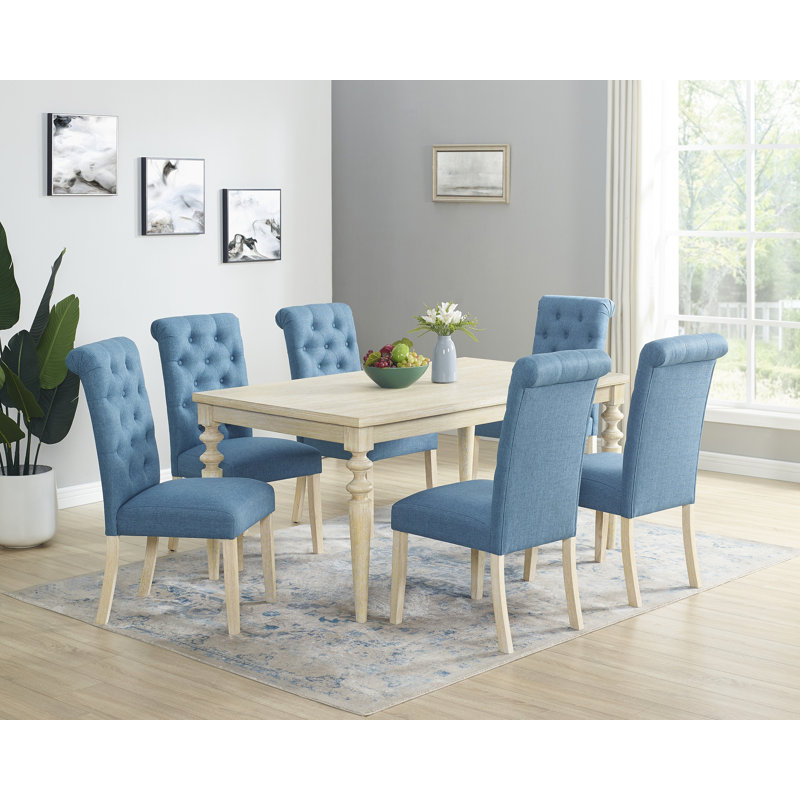 Ensemble de salle à manger 5 pièces à pieds tournés avec 4 chaises capitonnées, Bleu / Beige, 7