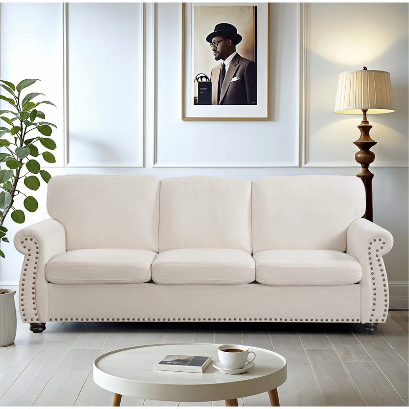 Rolled arm nailhead trim upholsterd loveseat, Ivory, 3