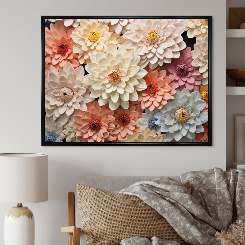 Sunnit Blooms Zinnias Flowers sur toile, H 24 po x l 32 po x P 1 po, Cadre flottant noir