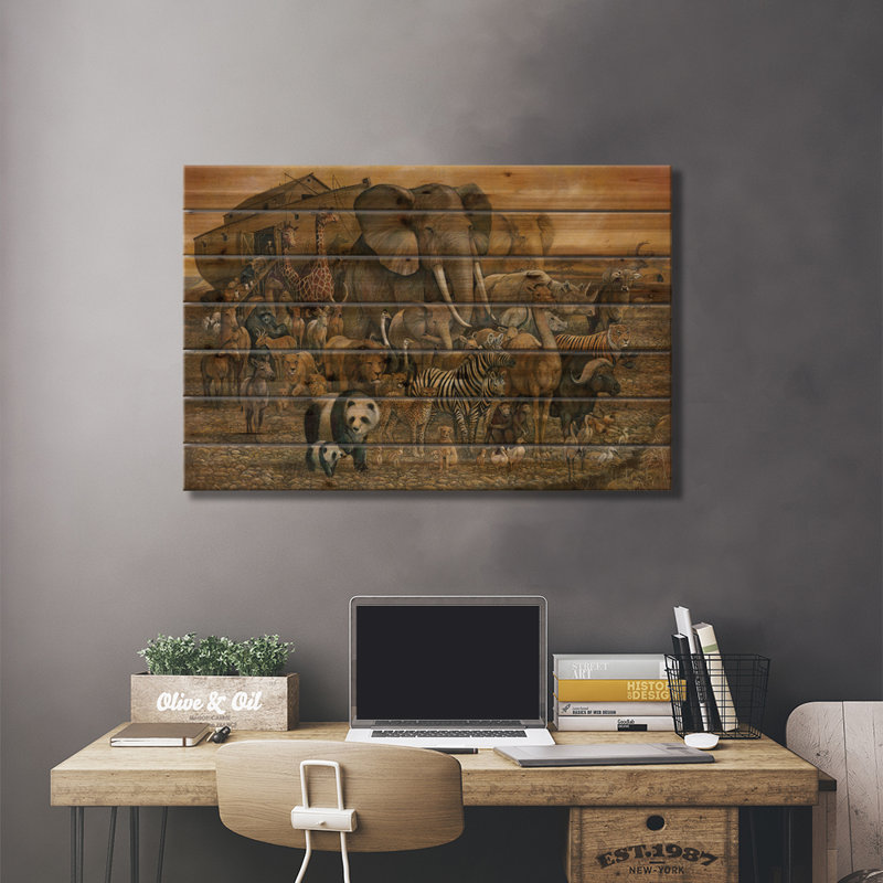 «Noah's Ark On Wood» par Ruane Manning, reproduction, H 18 po x l 26 po x P 1,5 po