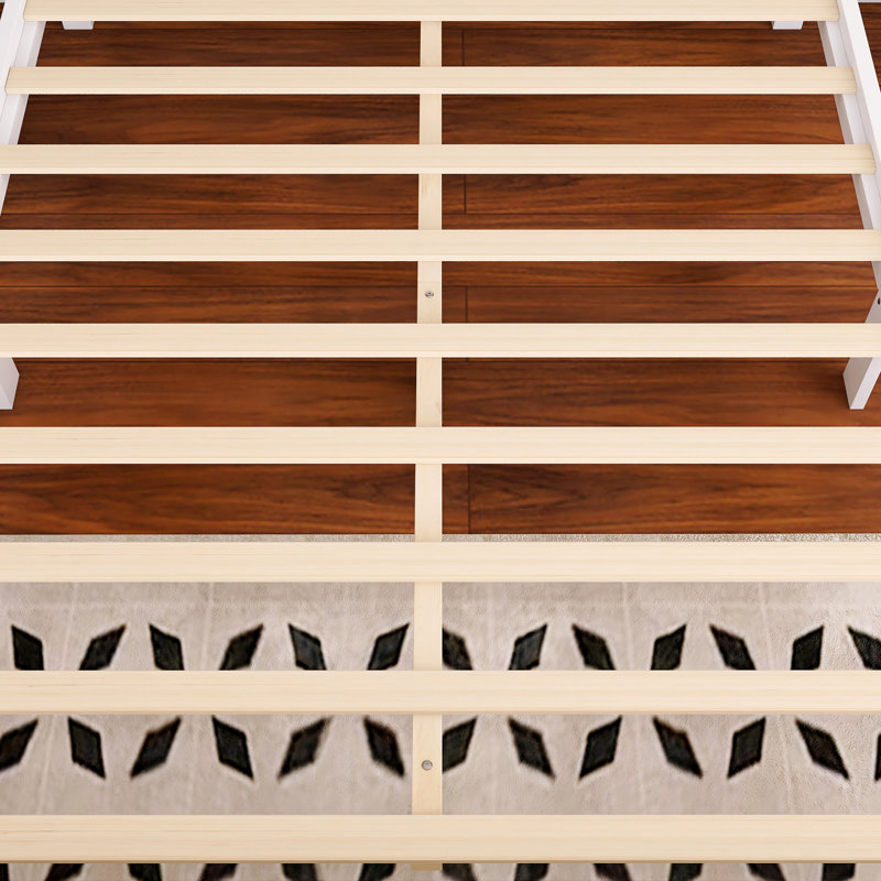 Grand lit plateforme avec cadre en bois avec support en lattes de bois, Grand lit, Blanc