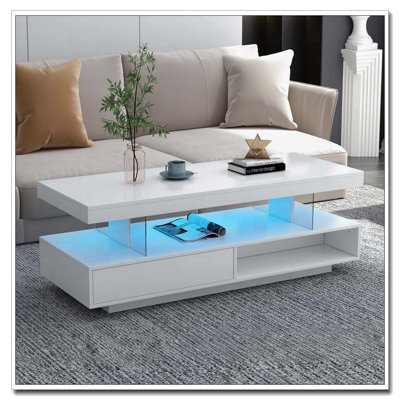 Table basse à DEL avec rangement, table centrale moderne avec 2 tiroirs et tablettes de présentation, mobilier d'appoint avec lumières DEL pour le salon