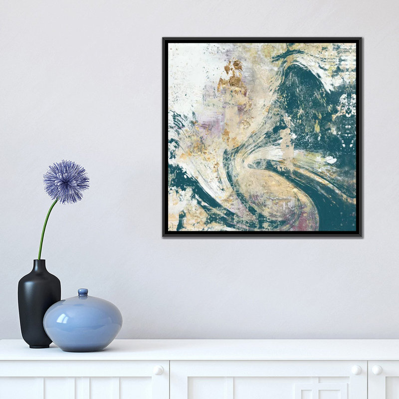 «Teal Aérien», reproduction sur toile, H 18 po x l 18 po x P 1,5 po, Toile avec cadre noir, Pas de tapis
