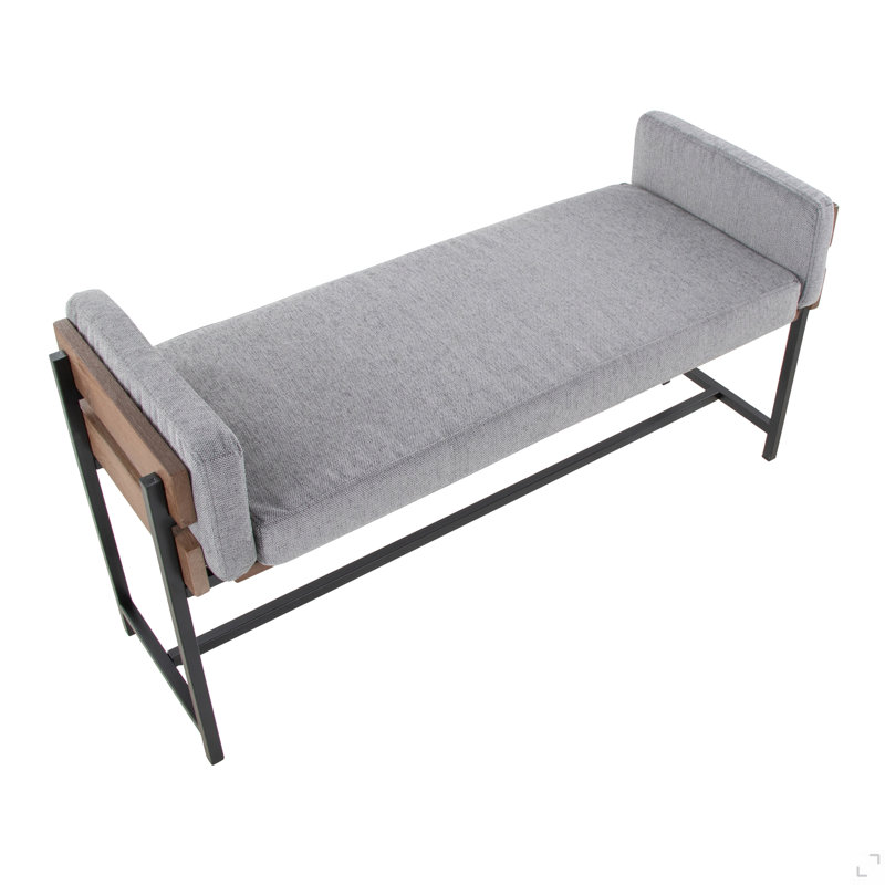 Banc 18 po avec métal noir, bois brun et tissu gris clair