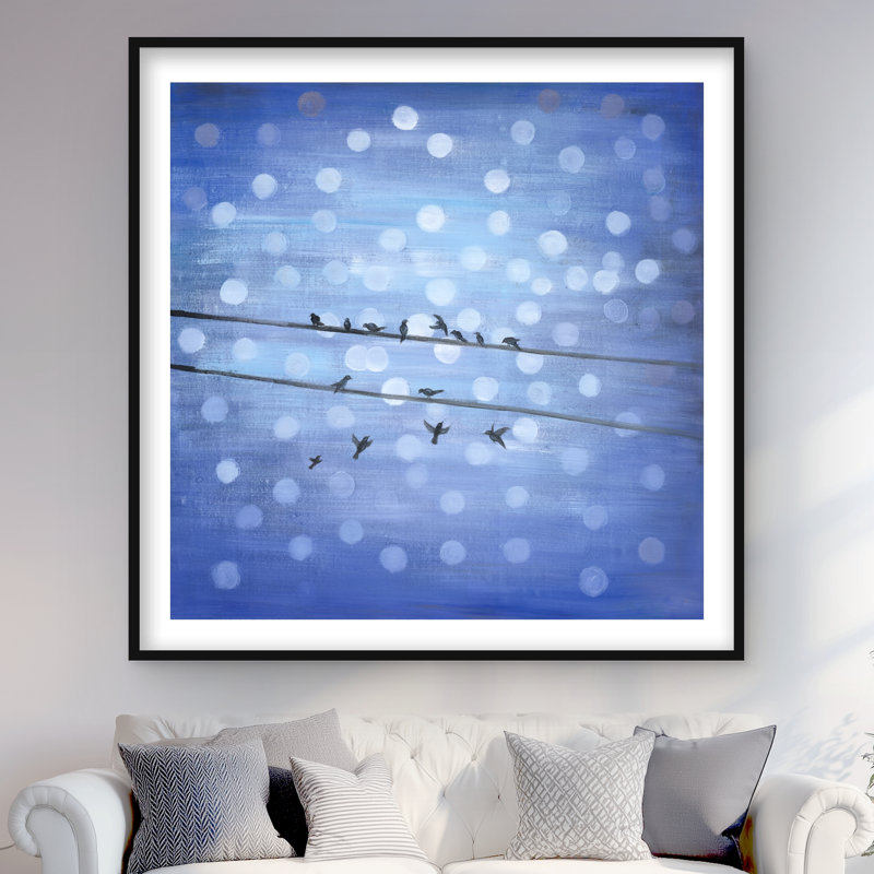 Oiseaux sur un ciel bleu scintillant - reproduction de chambre à coucher contemporaine, H 48 po x l 48 po, Noir