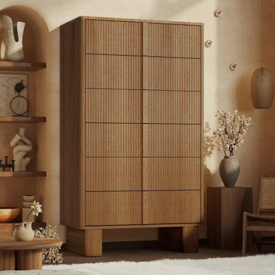 Fluted 6 Drawer Tall Dresser for Bedroom, 51” Modern Chest with Faux Marble Top, Wood Storage Organizer for Living Room, Hallway