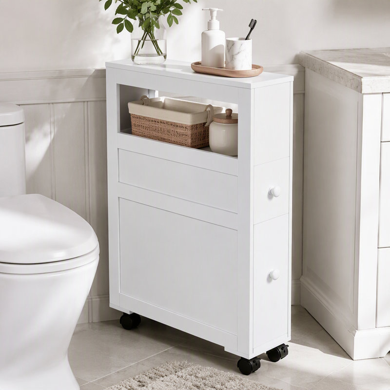 Armoire de rangement en bois Kasa avec 2 tiroirs et tablette ouverte, roulettes verrouillables, Blanc