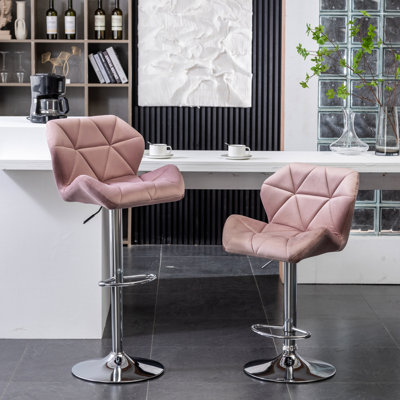 Tabourets de bar pivotants en velours mauve et diamant (de 2) - Hauteur réglable, siège confortable, base à disque, 2 dossiers à dossier moyen et siège