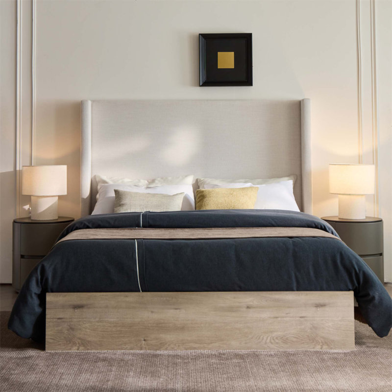 Lit à oreilles tapissier Shelton en toile texturée avec tête de lit de 54 po Shelton, style campagnard moderne rustique, base en bois, style neutre et scandinave