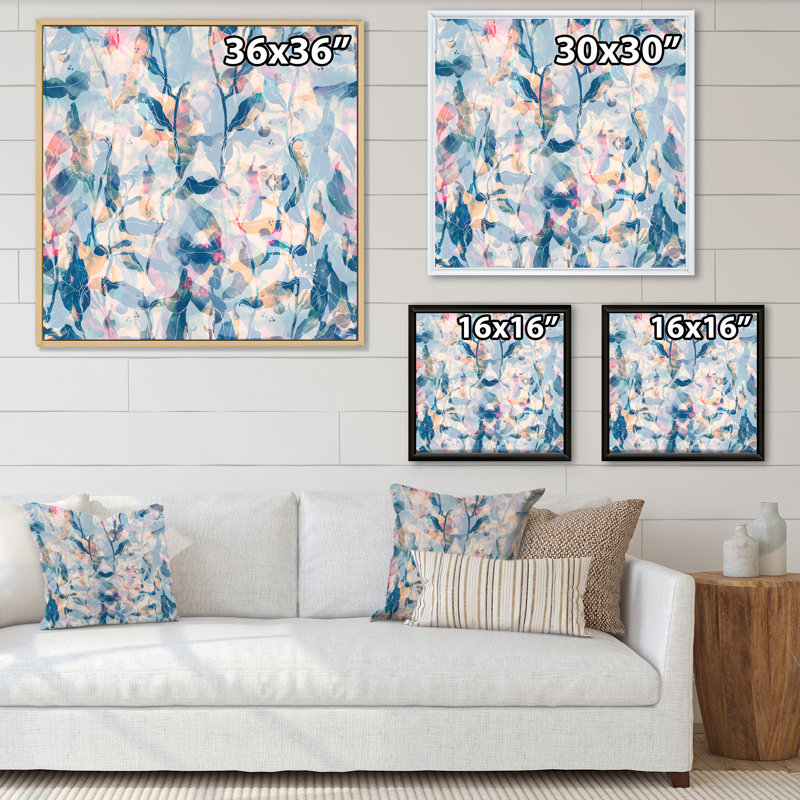 Rose et nuances de bleu - Peinture sur toile, H 36 po x l 36 po, Cadre flottant doré