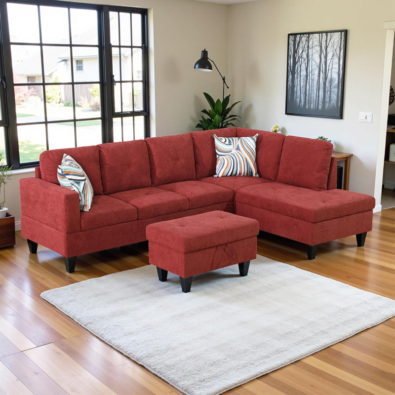 3-Piece Flannel Sectional Sofa, White Fabric, Right Hand Facing