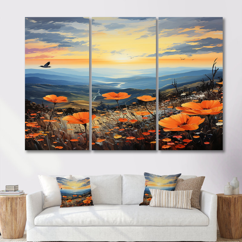 Ensemble de salon art mural coquelicots orange River River, Toile tendue, H 40 po x l 60 po x P 1 po