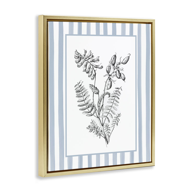 Herbes avec cadre flottant à bordure rayée, design par lettré et doublé, H 21 po x l 17 po, Cadre flottant métallique doré
