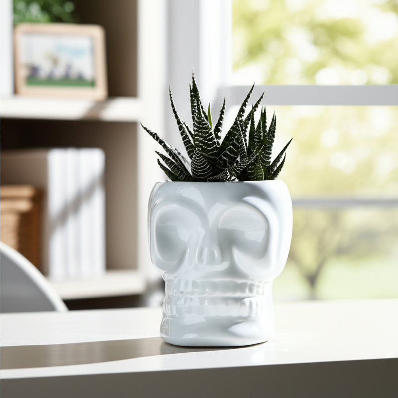 Skull-Shaped Ceramic Vase., White, 5" H x 5" W x 5" D