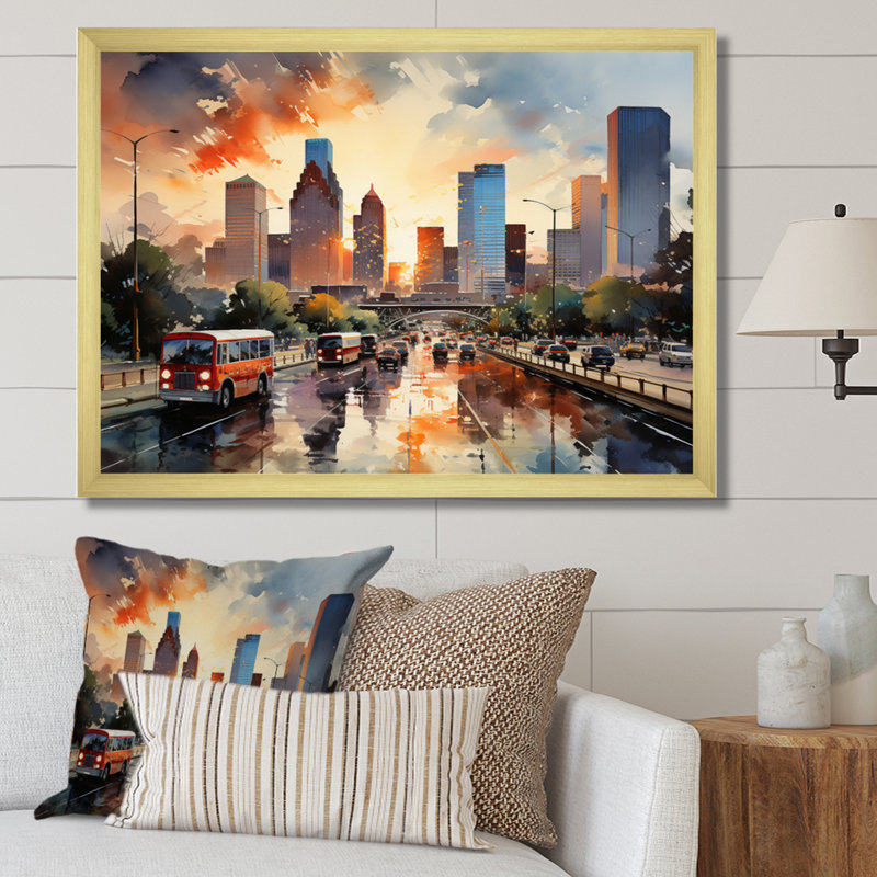 Houston City Horizons I sur impression sur toile, H 34 po x l 44 po x P 1,5 po, Encadrement doré