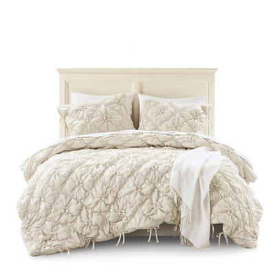 3Pcs King Comforter - Textured Floral Design With Tie Accents, Cozy Puffy Look, Soft Brushed Microfiber, All Season Comfort, , Machine Washable In Shade Quilting, Relaxed Embroidery, Lightweight