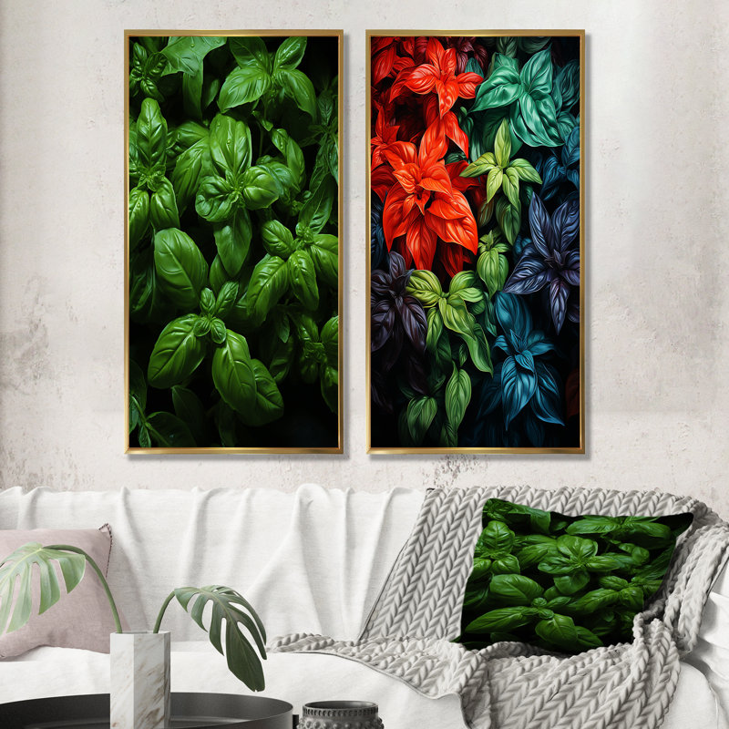 Herbes Basil Vibrance IV - ensemble de 2 reproductions d'art mural Herbes, Cadre flottant doré, H 28 po x l 25 po