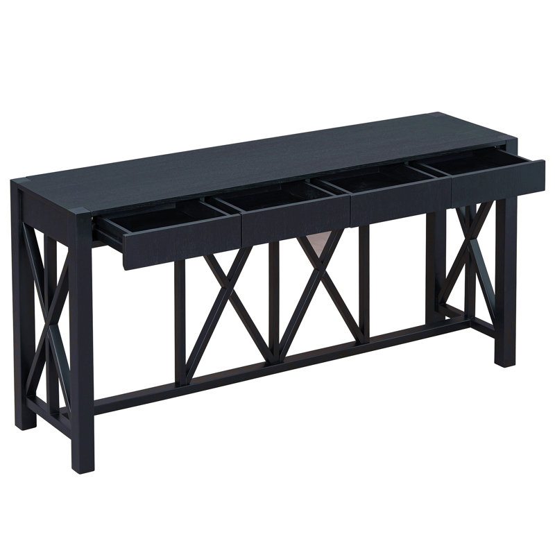 60''Acacia Veneer Console Table With 4 Spacious Drawers, Modern Crisscross Design Entryway Table With Open Bottom Storage
