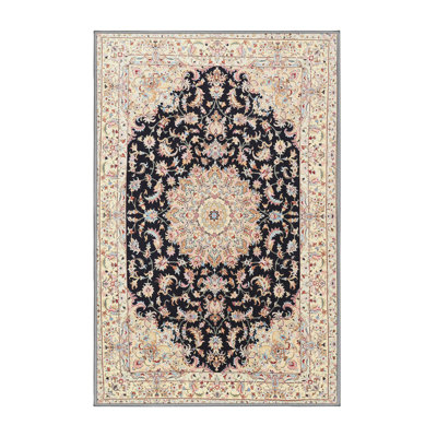 Tapis oriental en laine crème / noir