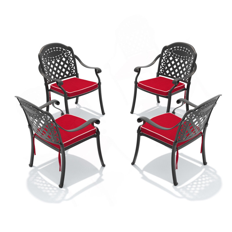 Chaise de patio en fonte d'aluminium 4 pièces avec cadre noir, Rouge