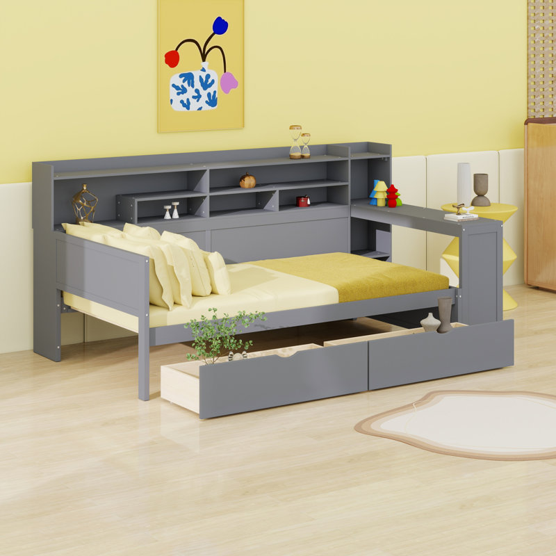 Lit de jour en bois avec tablettes de rangement, lit multifonctionnel avec deux tiroirs de rangement et bureau d'étude