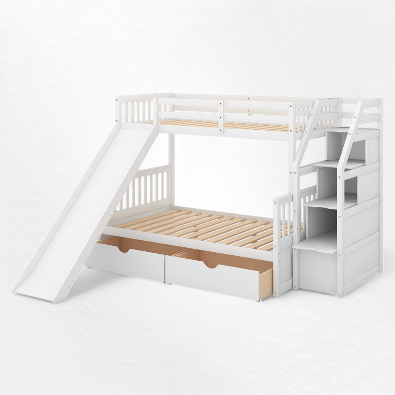 Twin Over Full Bunk Bed With Storage Staircase, White