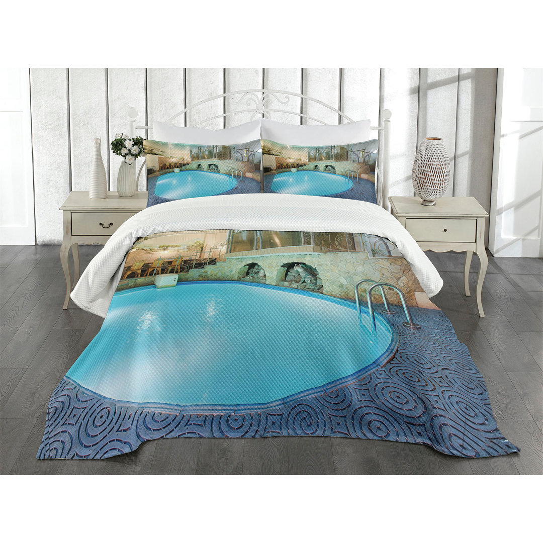 Gestepptes Bettdecken-Set, Spa Resort Relaxing, Schwimmbad, Blau Aqua Beige