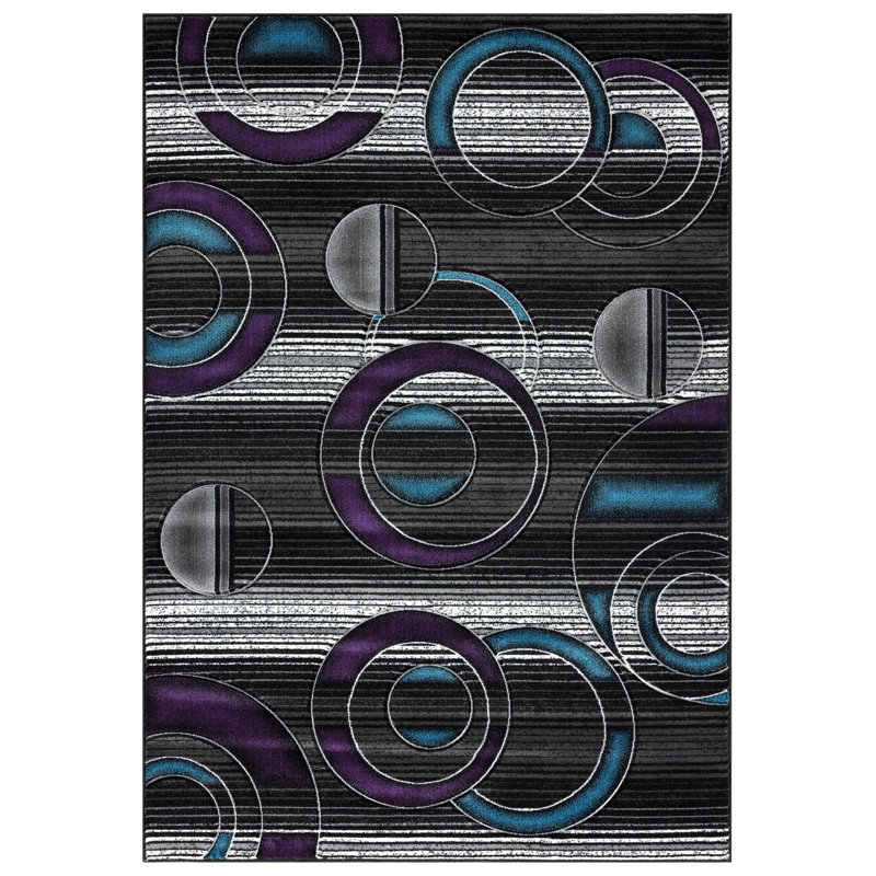 Tapis noir / gris / mauve à motif abstrait Adonia, Rectangle 6 pi 9 po x 9 pi 6 po
