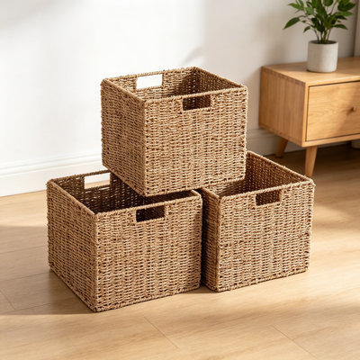 Ensemble de 3 paniers de rangement tissés à la main en ruppie maritime, organisateurs de cubes pliables pour les tablettes, le garde-manger, la cuisine et l'organisation de la salle de bain, rangement en osier naturel avec cadre en fer robuste