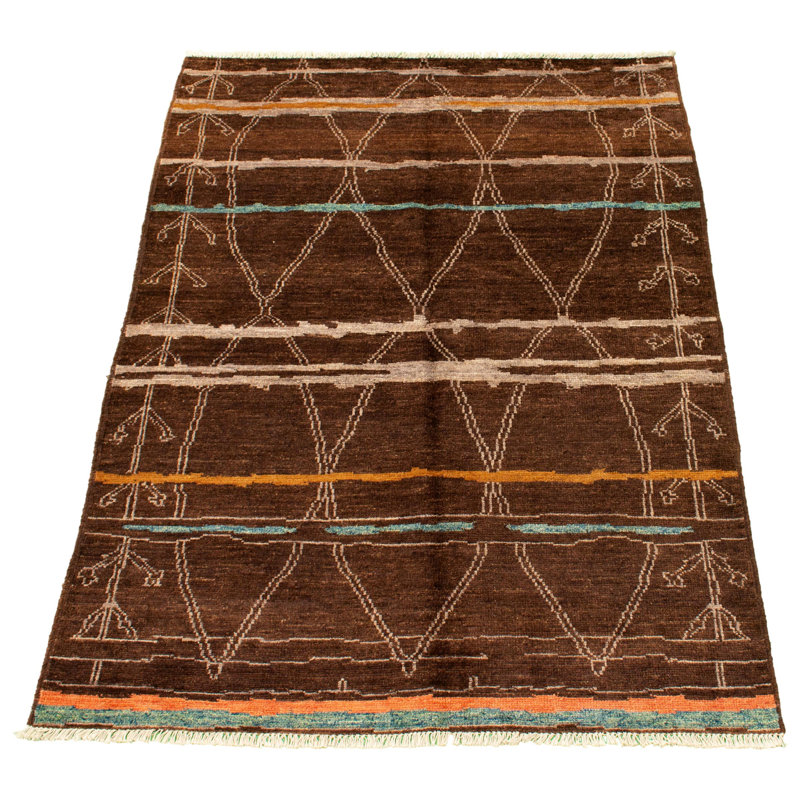 Tapis marocain brun foncé en laine nouée à la main de conception unique 5 pi 6 po x 8 pi 1 po New Age